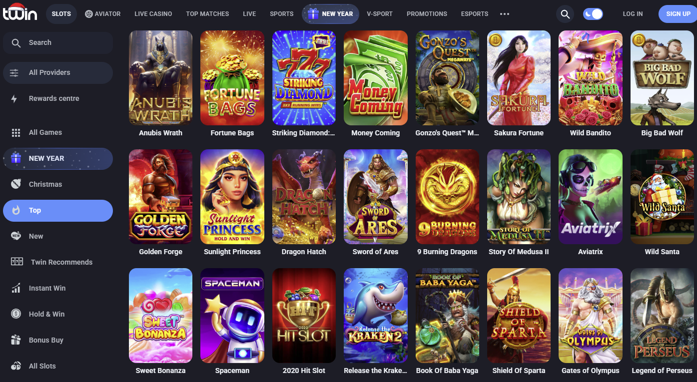 Grelha de jogos do Twin Casino com filtros visíveis