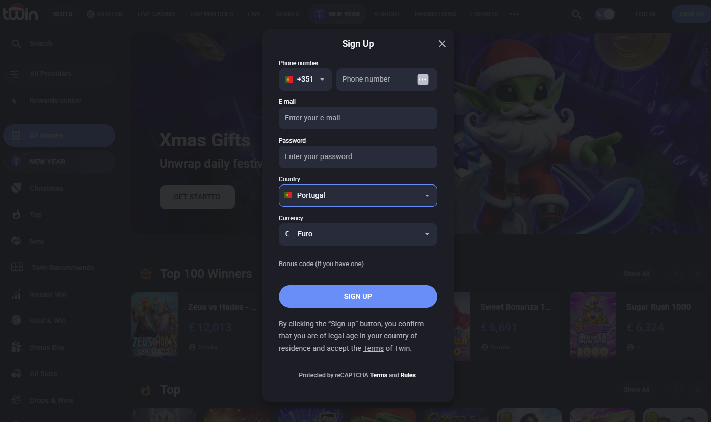 Formulário de registo do Twin Casino com campos centrados